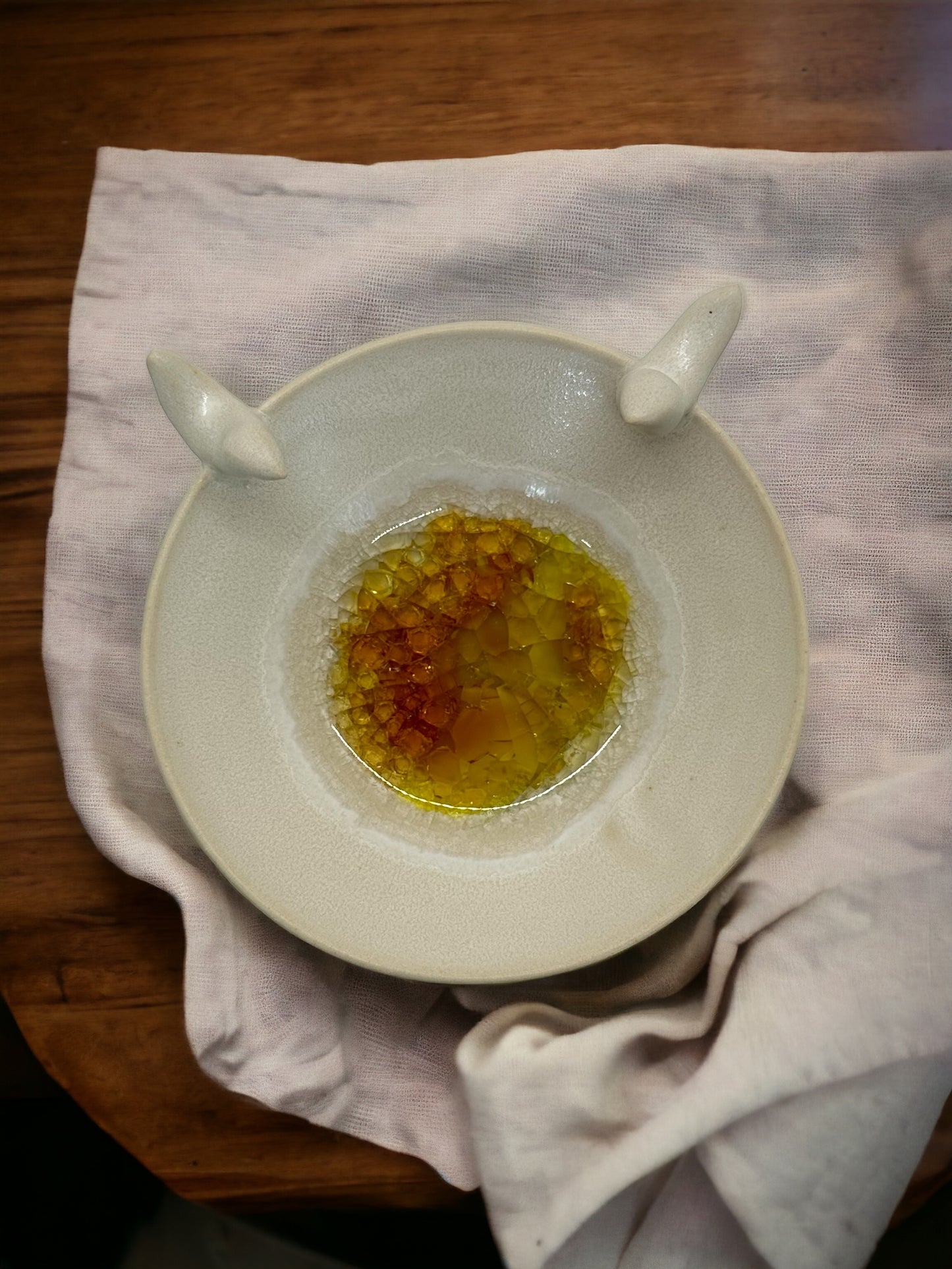 Tiny Porcelain Trinket Bowl w Melted Glass