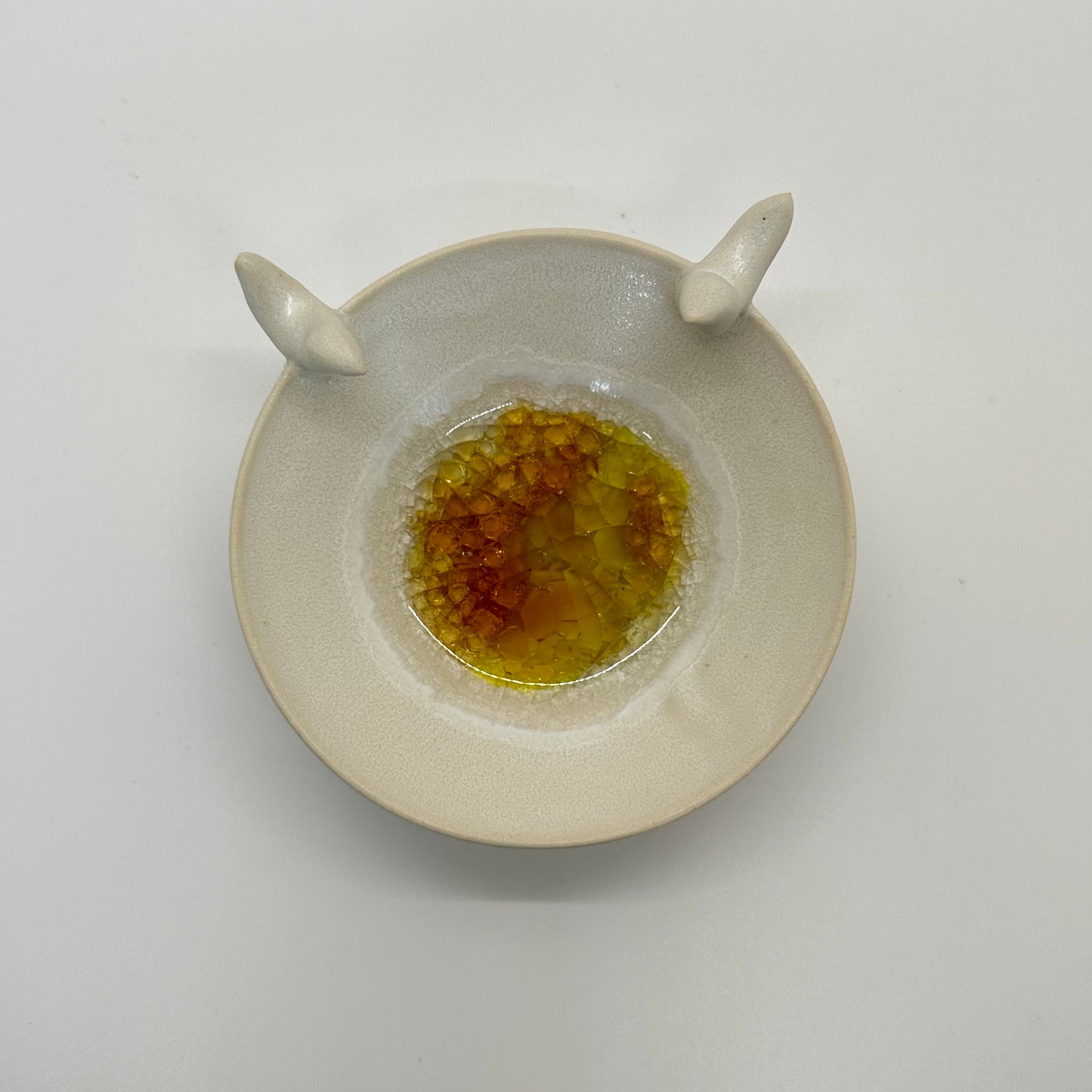 Tiny Porcelain Trinket Bowl w Melted Glass